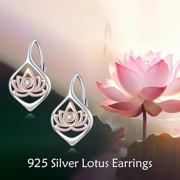 Women's Sterling Lotus Silver Gold Dangle Hoop Leverback Comfortable Earring - Picture 1 of 6